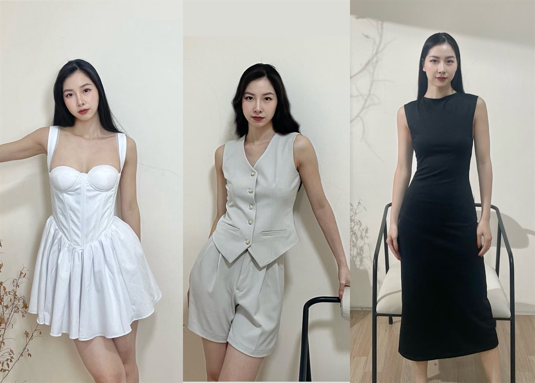 Đầm corset trắng, set vest và đầm đen tối giản do học viên Luvinus may hoàn thiện