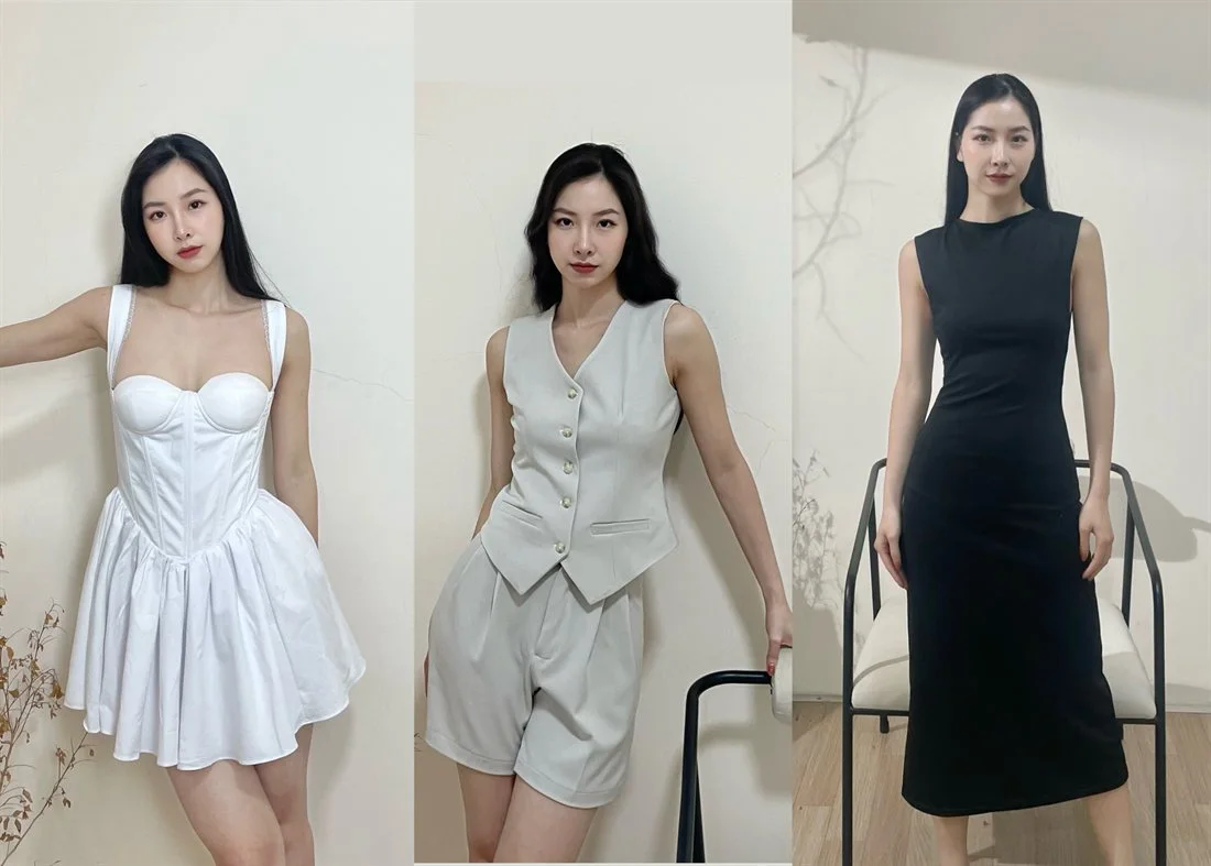 Đầm corset trắng, set vest và đầm đen tối giản do học viên Luvinus may hoàn thiện