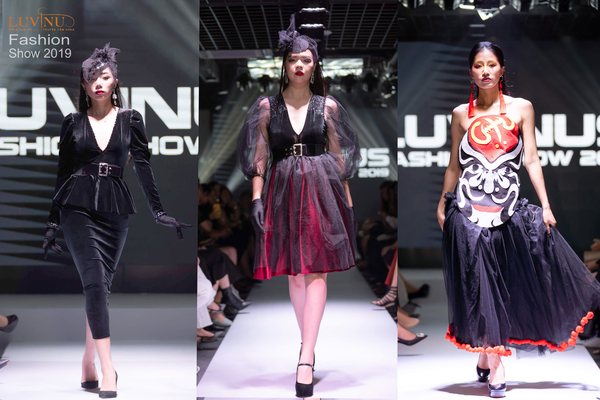 Trang phục dạ tiệc tông đen của học viên Luvinus tại Luvinus Fashion Show
