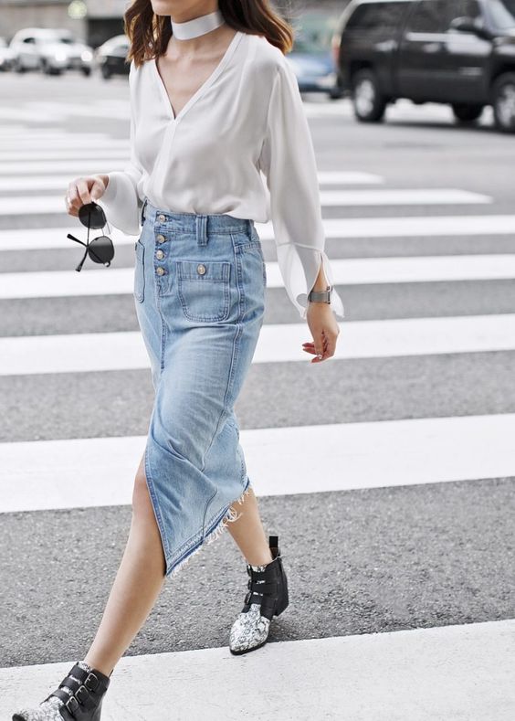 7 ý tưởng phối đồ với chân váy jean dài trendy cho cô nàng hiện đại