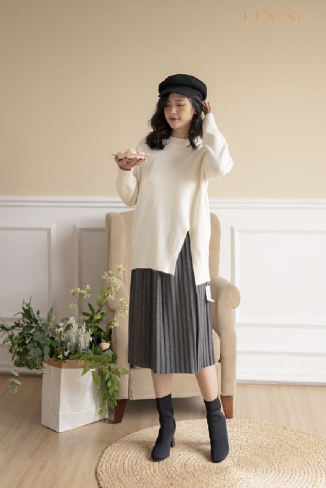 Set đầm áo len tăm phối chân váy xoè phong cách hàn quốc Xiny D254230